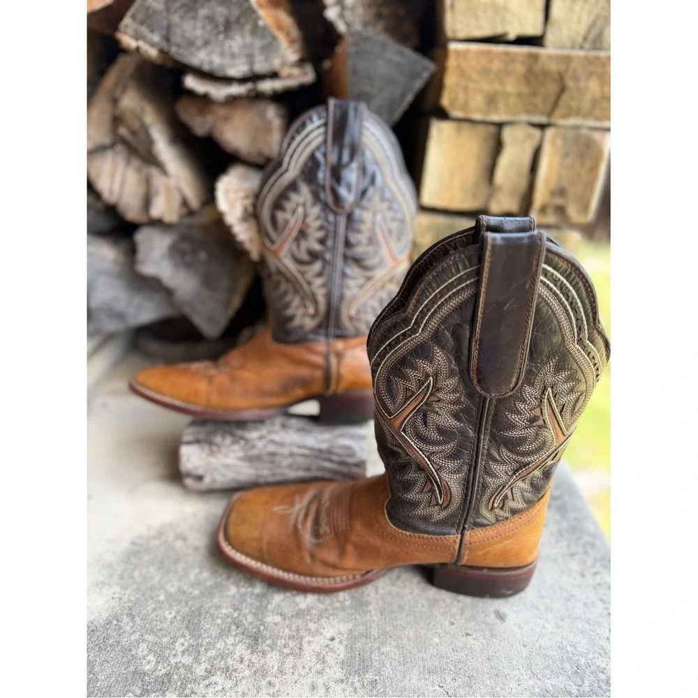 Texas Country Youth Brown Leather Western Cowboy Boots Sz-5.  Y